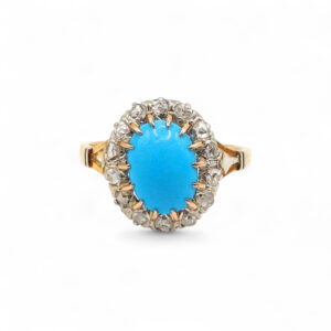 Pierścionek antyczny z turkusem i diamentami – Francja, lata 40./50. XX wieku