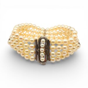 Czterorzędowa bransoletka z pereł i złota – złoto białe 14 k, lata 40./50.