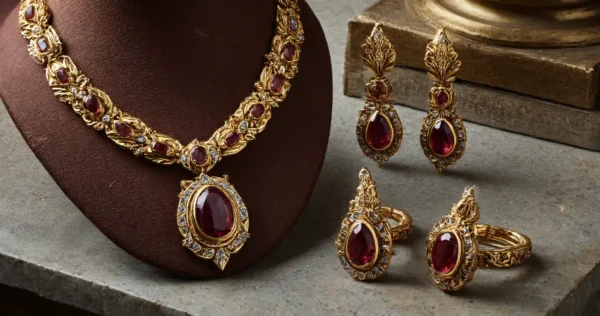 złota biżuteria z czerwonymi kamieniami