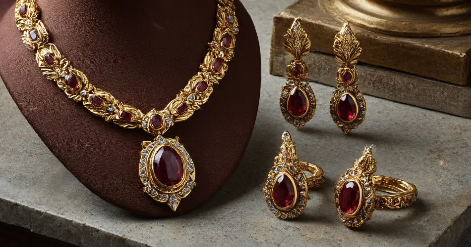 złota biżuteria z czerwonymi kamieniami