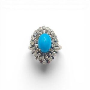 Pierścionek złoty z turkusem i diamentami